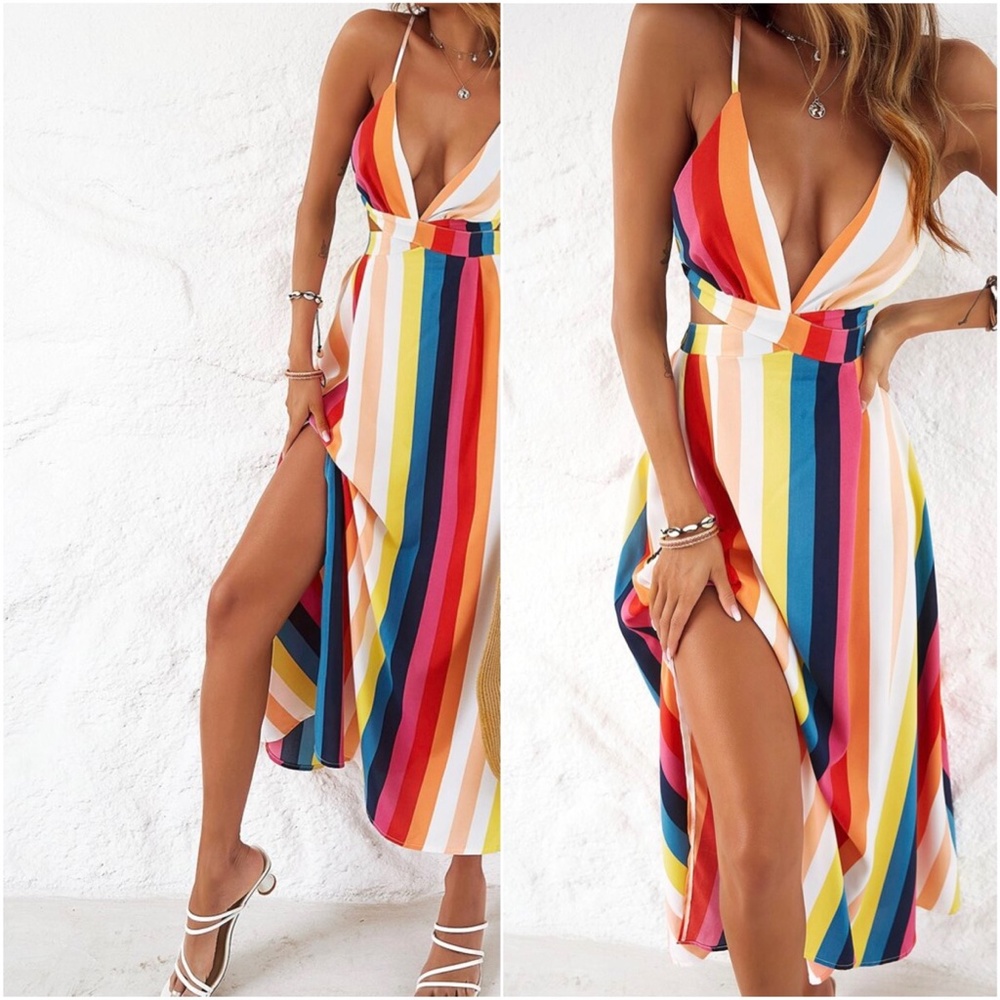 Boho multicolor Stripes Lace up Back Maxi Dress - Picture 3 of 7